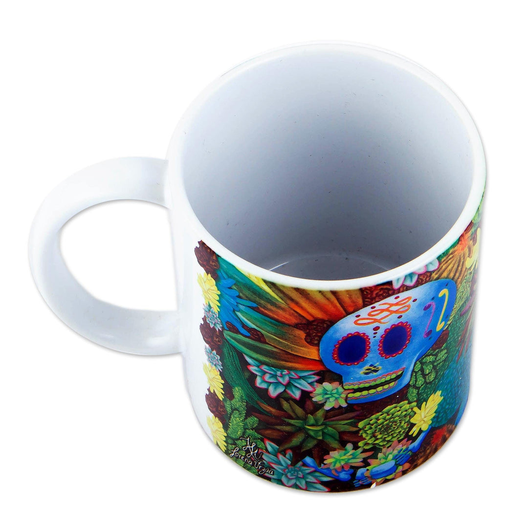 Handpianted Printed Ceramic Coffee Cup with Blue Skull Image - Death to Life
