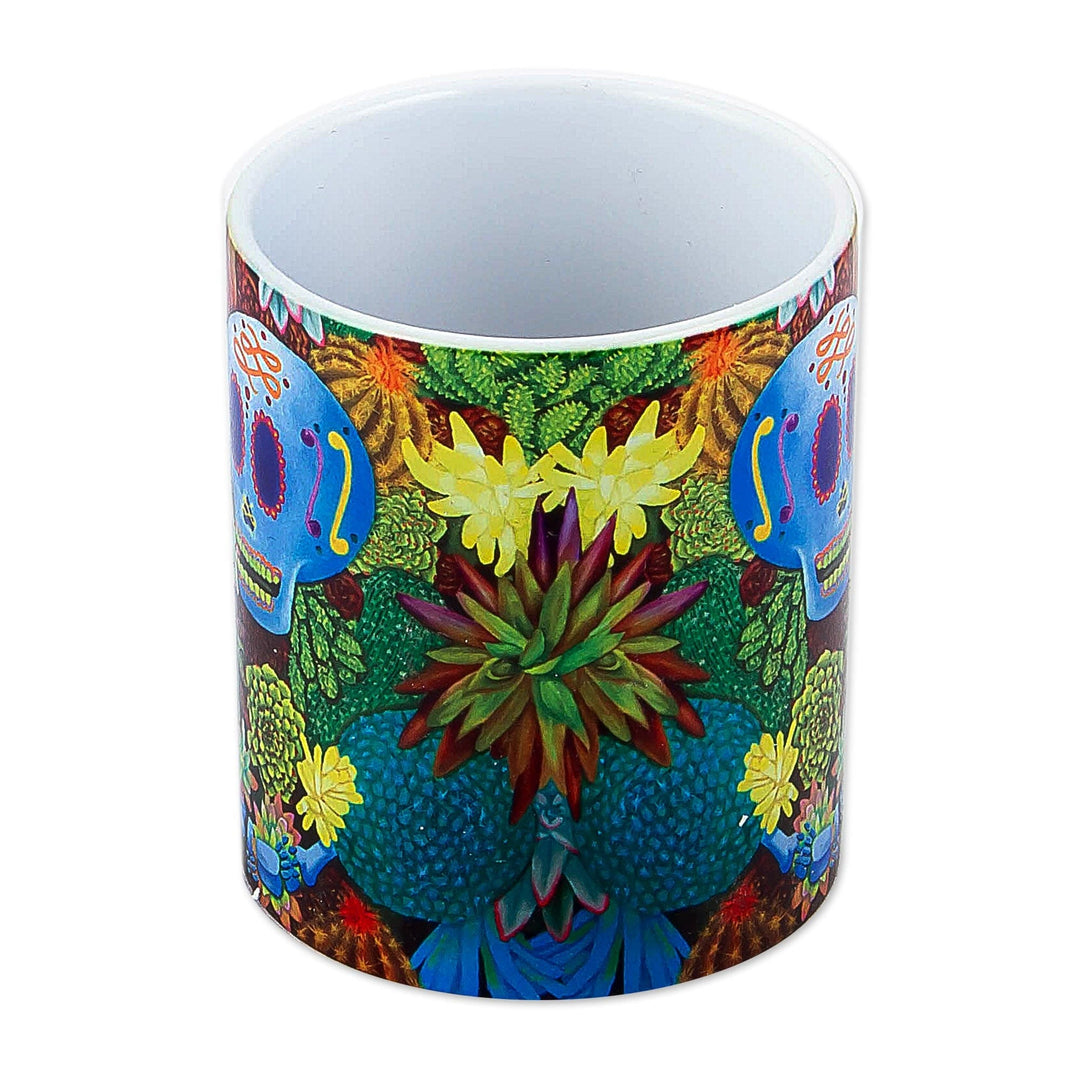 Handpianted Printed Ceramic Coffee Cup with Blue Skull Image - Death to Life