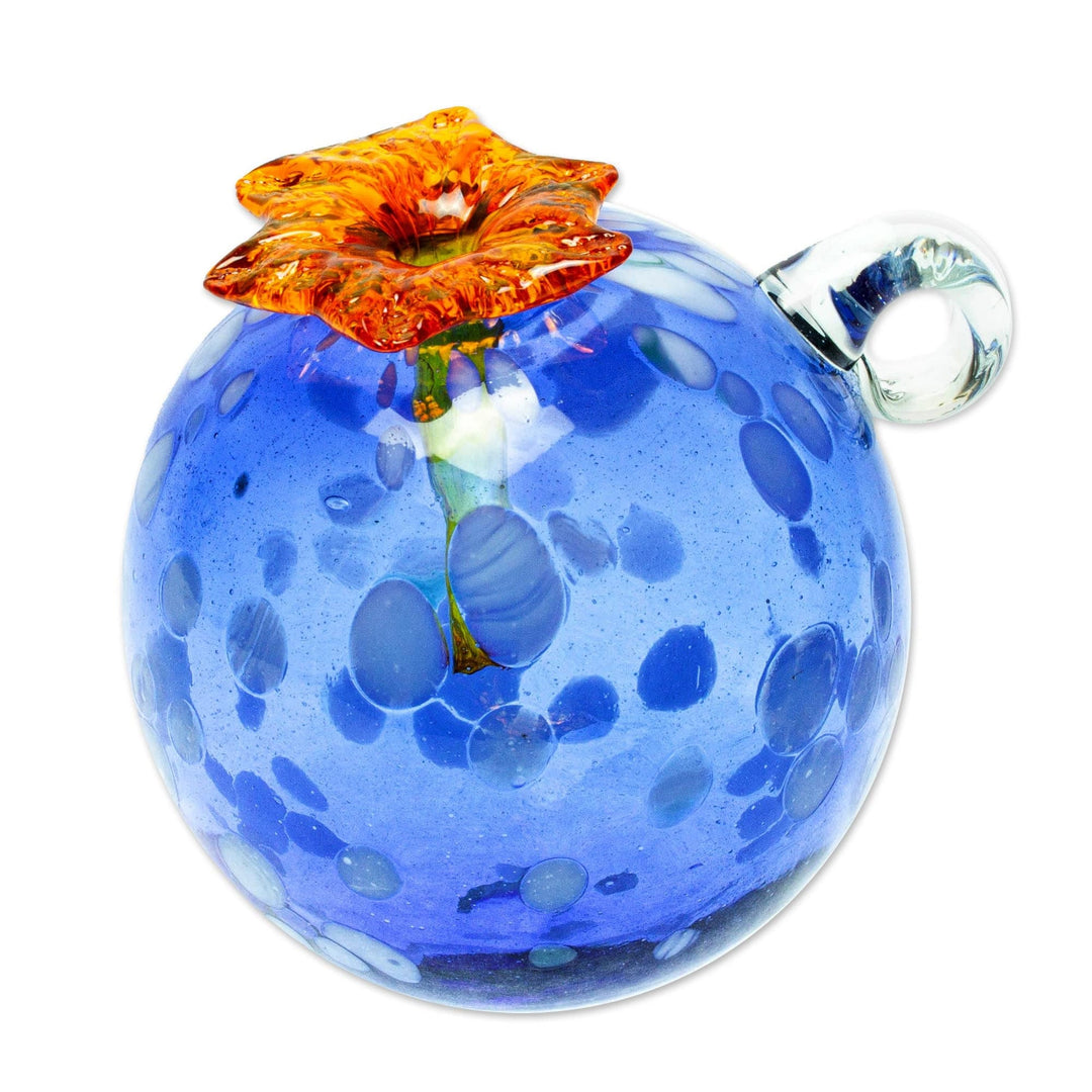 Blue and Orange Blown Glass Hummingbird Feeder - Blueberry Blossom