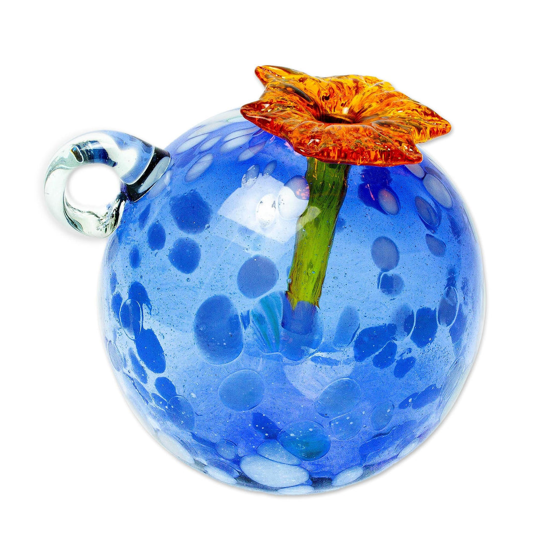 Blue and Orange Blown Glass Hummingbird Feeder - Blueberry Blossom