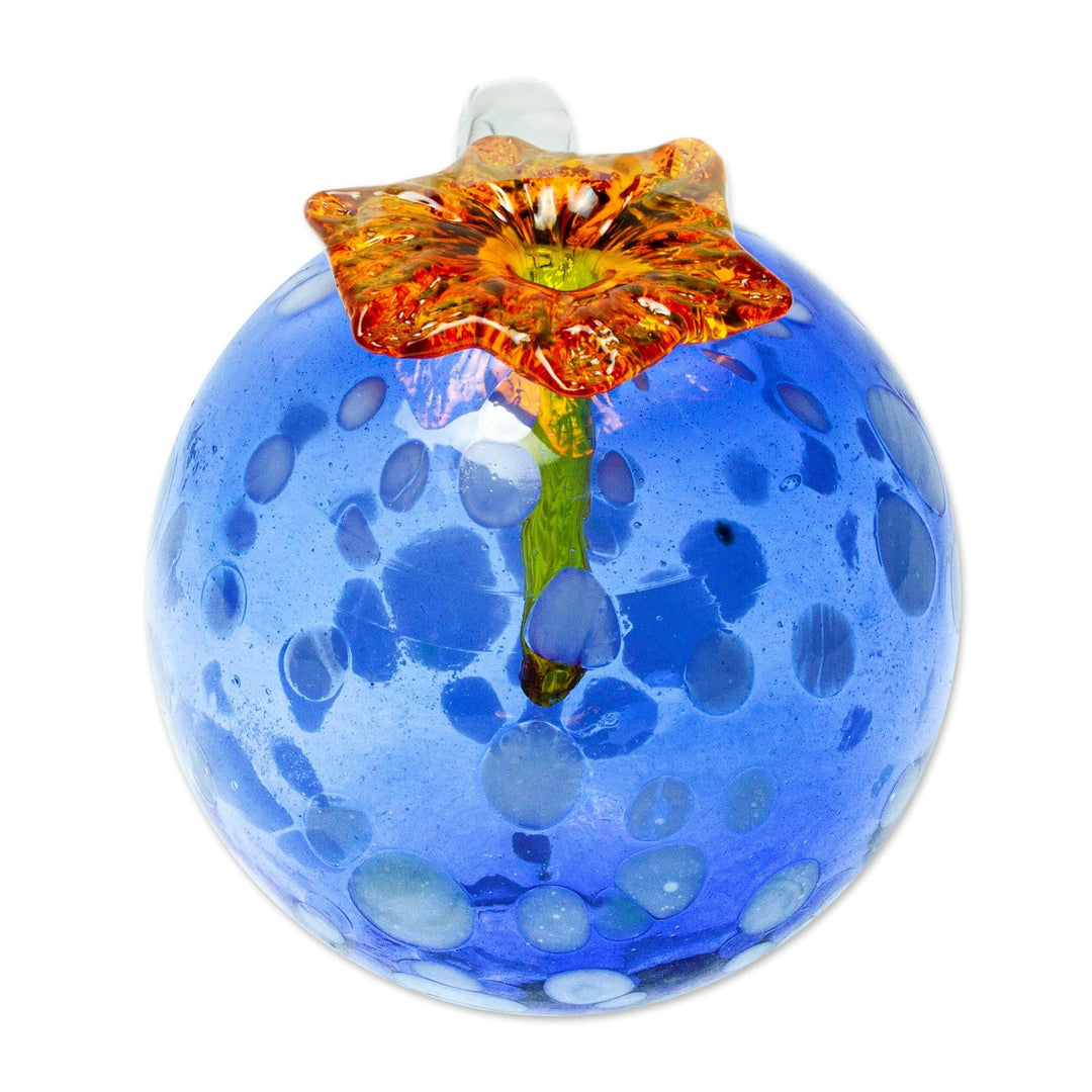 Blue and Orange Blown Glass Hummingbird Feeder - Blueberry Blossom