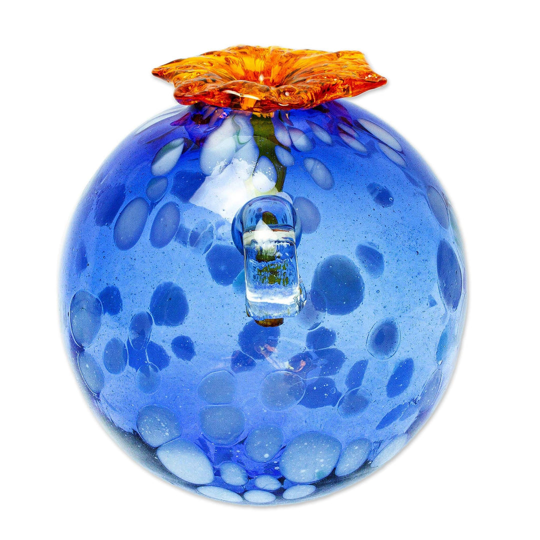 Blue and Orange Blown Glass Hummingbird Feeder - Blueberry Blossom