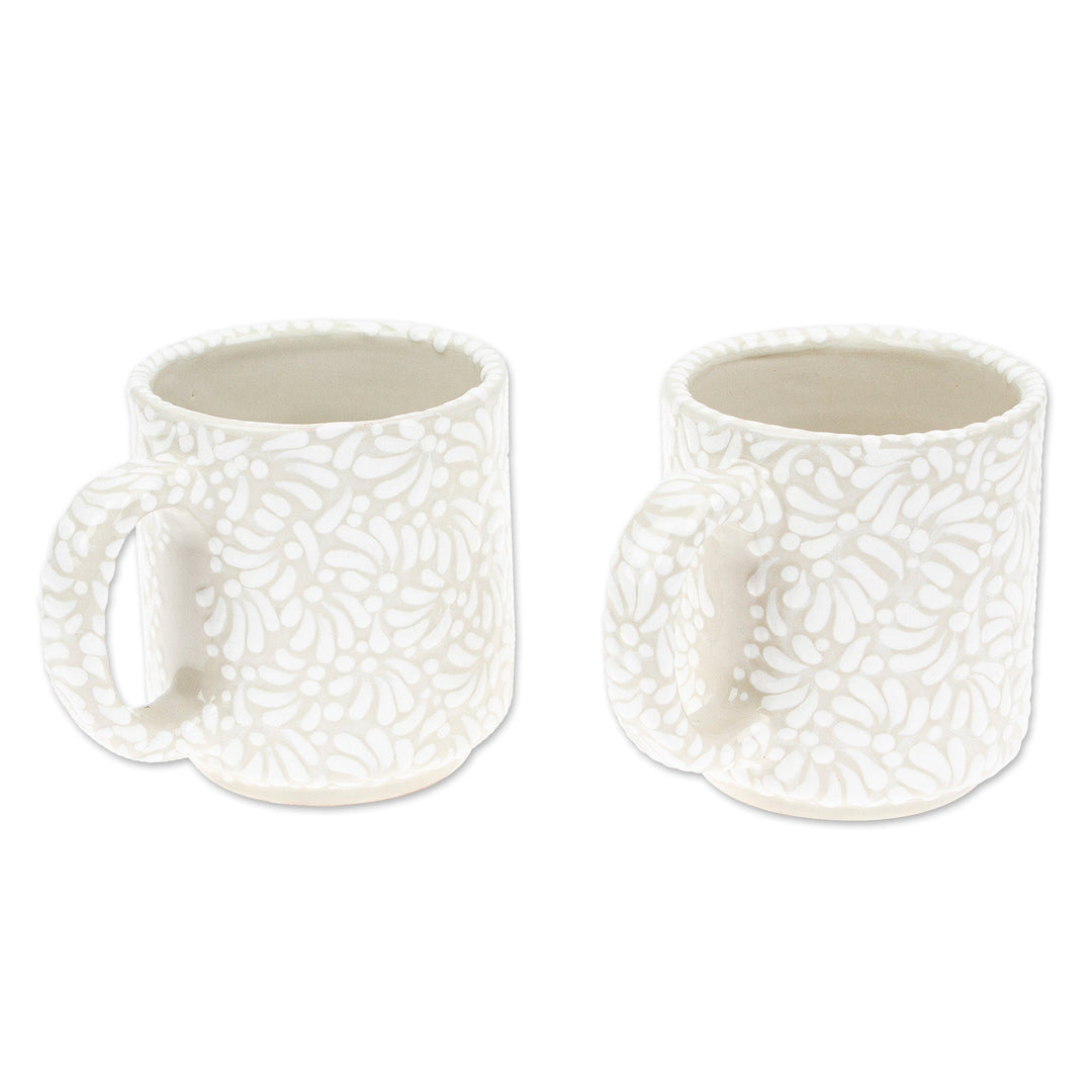 2 Talavera Style Hand-Painted Ceramic Mugs in Beige & White - Splendid Spring