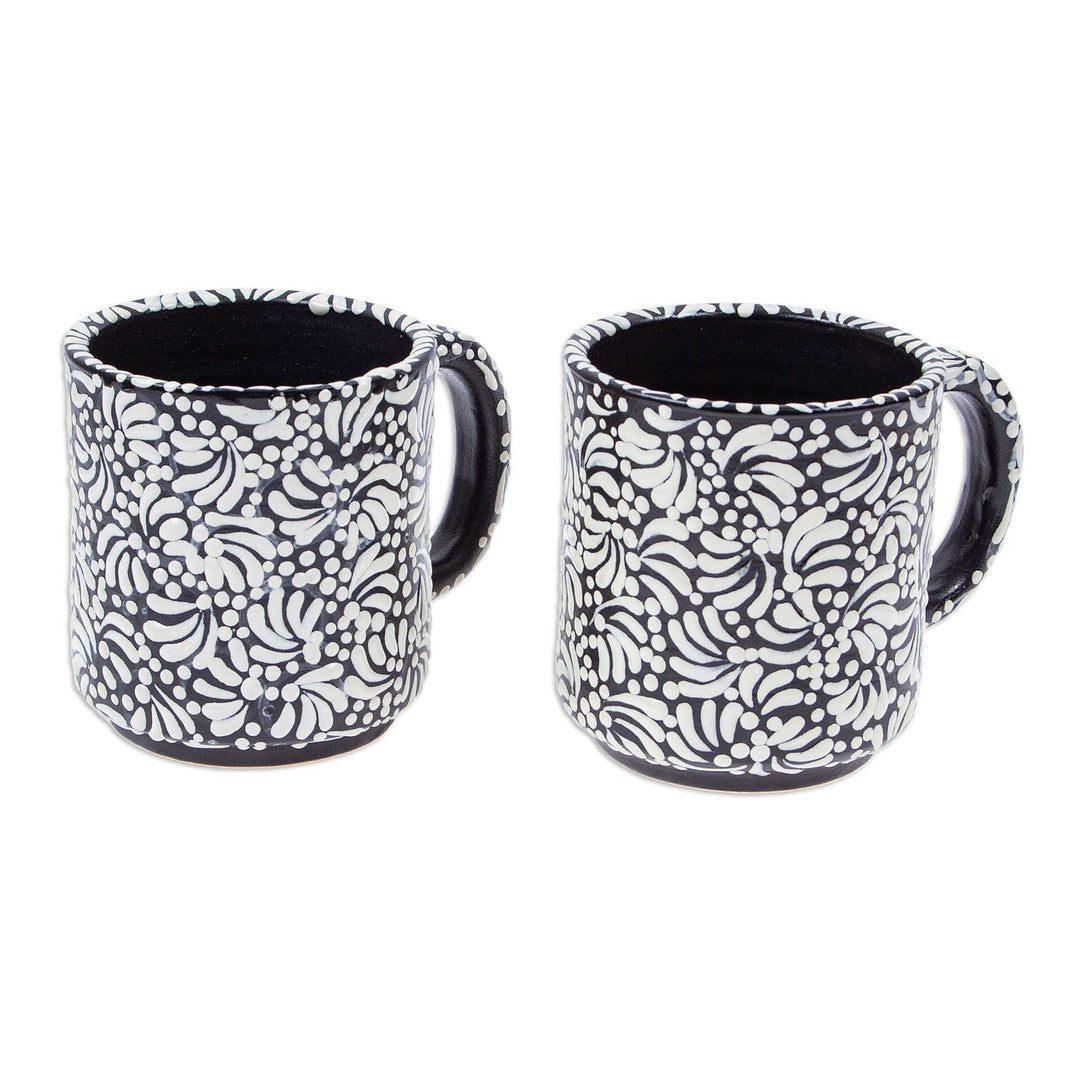 Pair of Floral Talavera Ceramic Mugs in Black - Spring Shadows