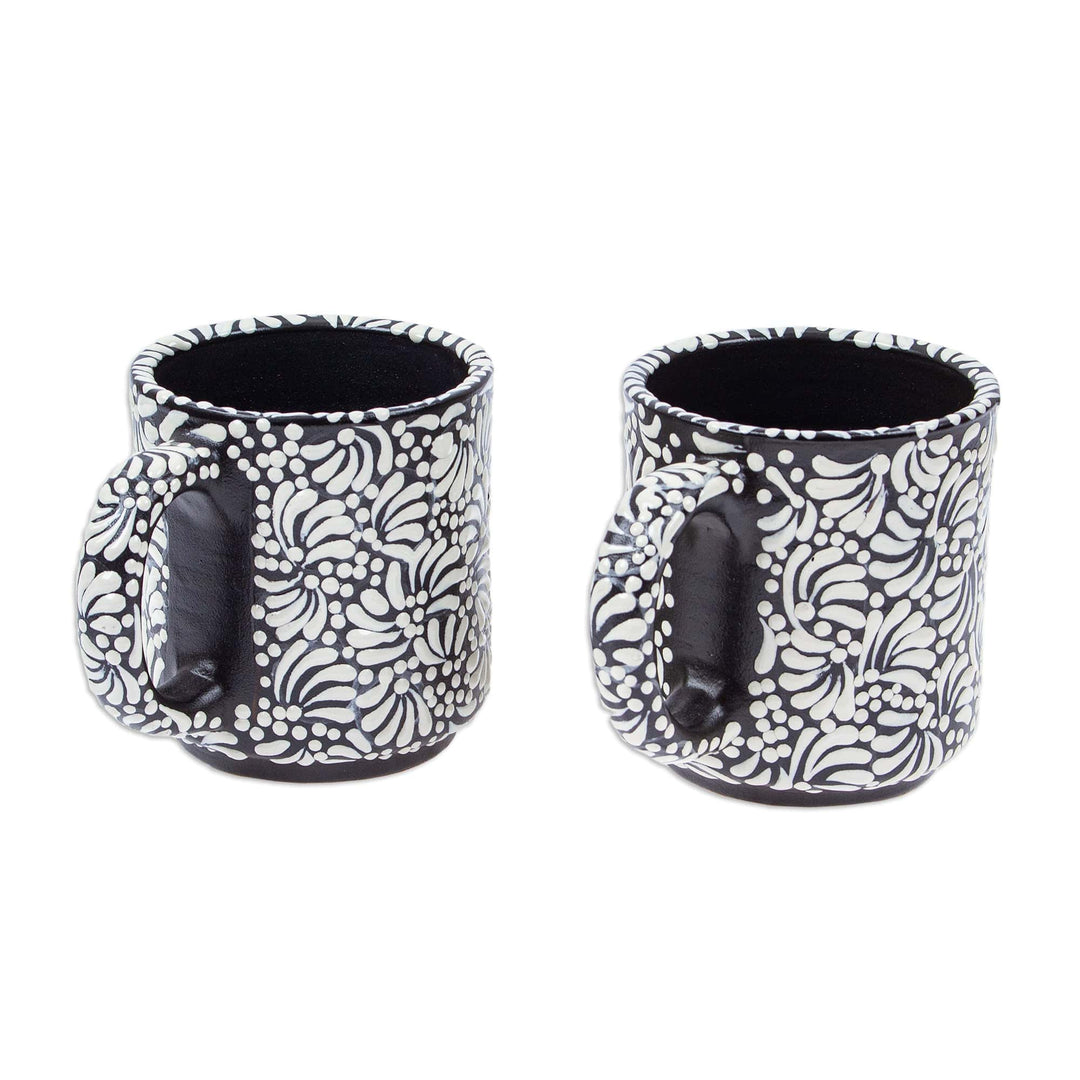Pair of Floral Talavera Ceramic Mugs in Black - Spring Shadows