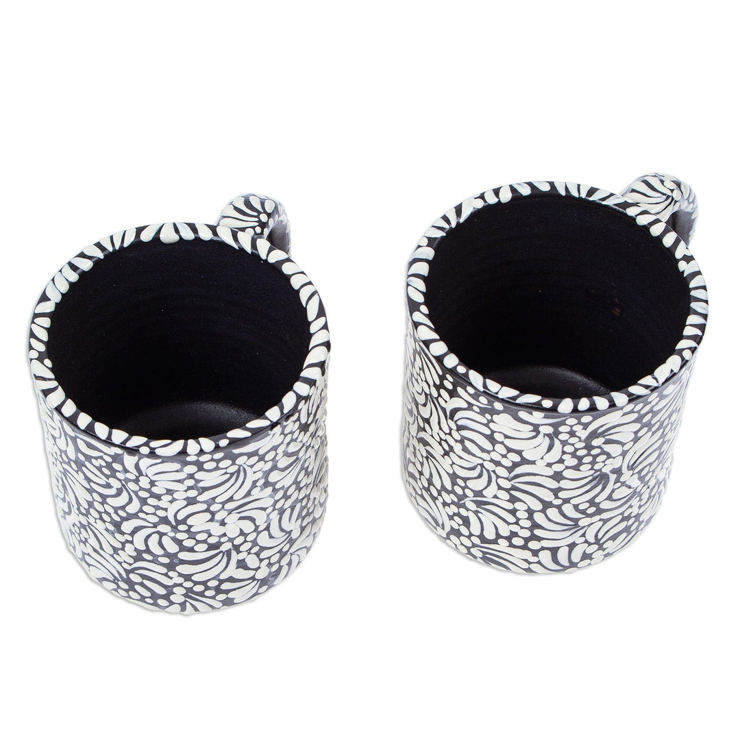 Pair of Floral Talavera Ceramic Mugs in Black - Spring Shadows