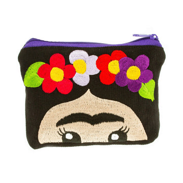 Hand Embroidered Cotton Cosmetic Bag from Mexico - Frida with Flowers