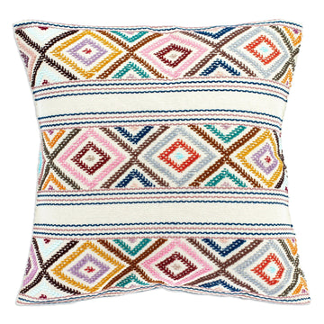 Hand Loomed Cotton Cushion Cover with Geometric Pattern - Festive Autumn