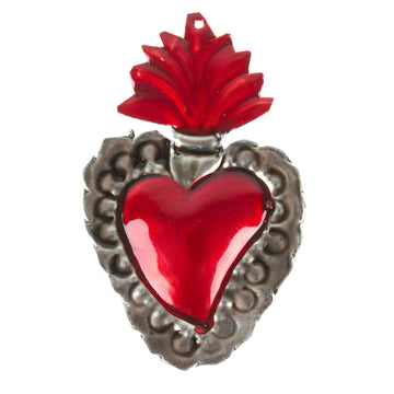 Mexican Steel Heart Ornament with Tin Plate and Red Tones - Love of Oaxaca
