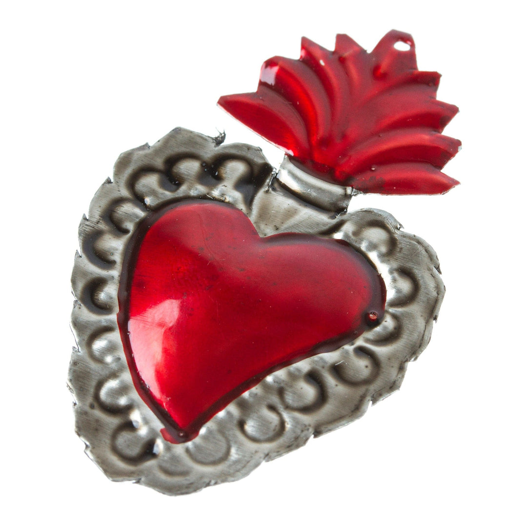 Mexican Steel Heart Ornament with Tin Plate and Red Tones - Love of Oaxaca