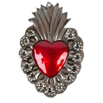 Mexican Tin-Plated Steel Ornament with Red Heart - Traditional Love