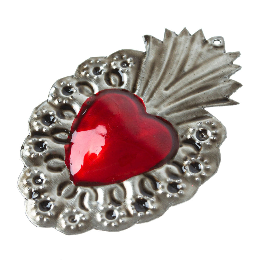 Mexican Tin-Plated Steel Ornament with Red Heart - Traditional Love
