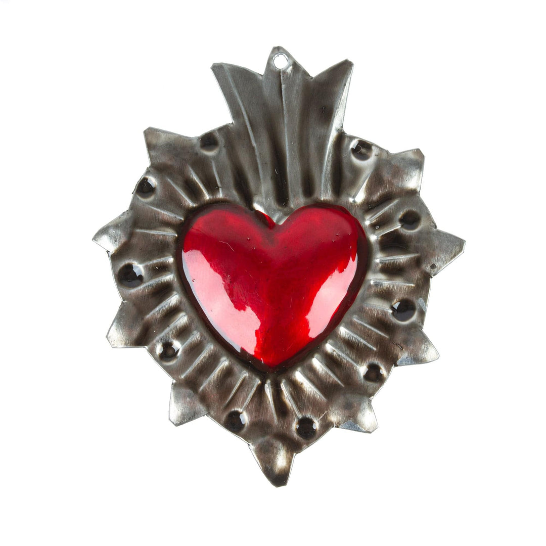 Mexican Tin-Plated Steel Ornament with Repousse Details - Traditional Heart