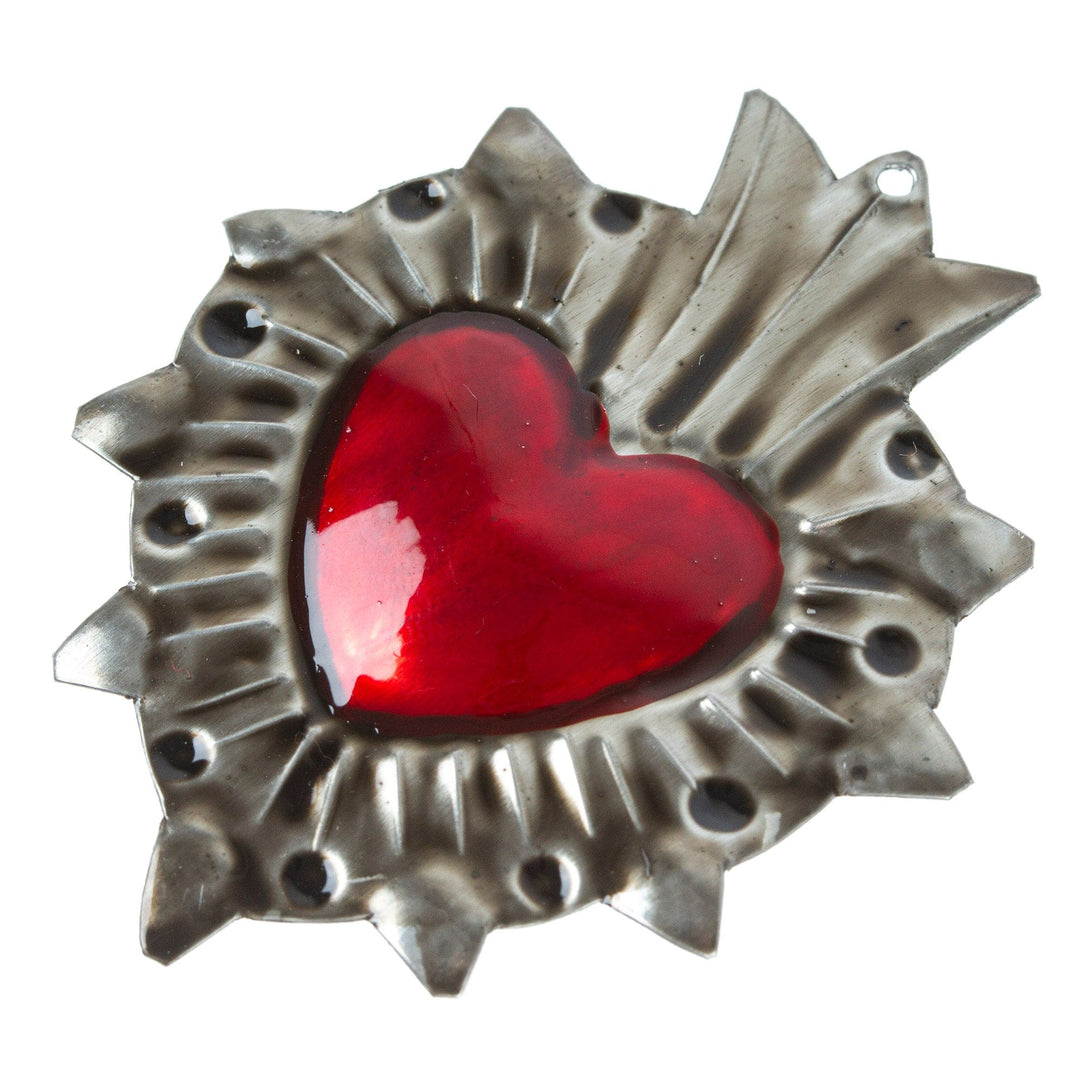 Mexican Tin-Plated Steel Ornament with Repousse Details - Traditional Heart