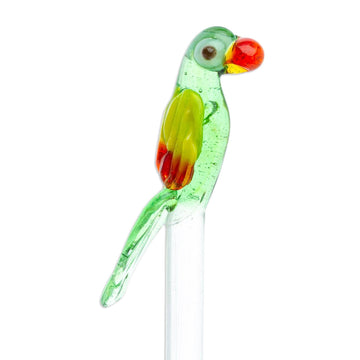 Mexican Recycled Glass Cocktail Stirrer with Colorful Macaw - Charming Macaw