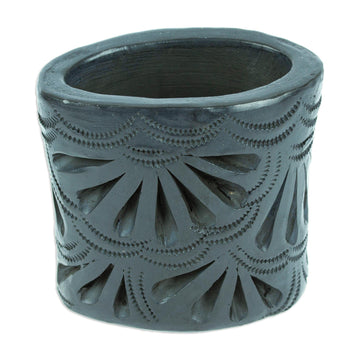 Mexican Handmade Barro Negro Black Ceramic Mini Flower Pot - Oval & Peacock