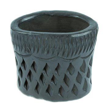 Barro Negro Black Ceramic Mini Flower Pot Handmade in Mexico - Oval & Diamonds