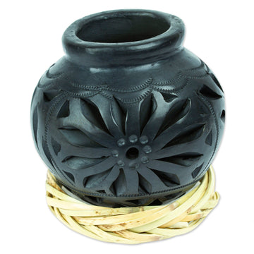 Mexican Barro Negro Decorative Vase with Floral Details - Oaxaca Pottery Blossom