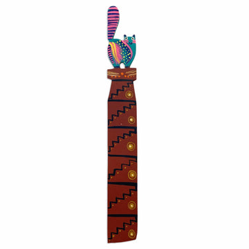 Teal and Pink Cat-Themed Copal Wood Bookmark from Mexico - Reading Cat