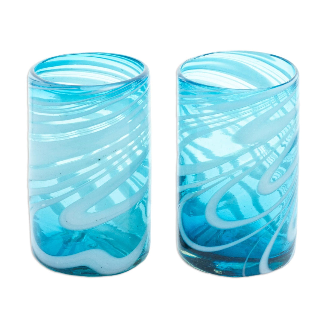 Pair of Hand Blown Recycled Glass Tumblers in Aqua - Aqua Swirls