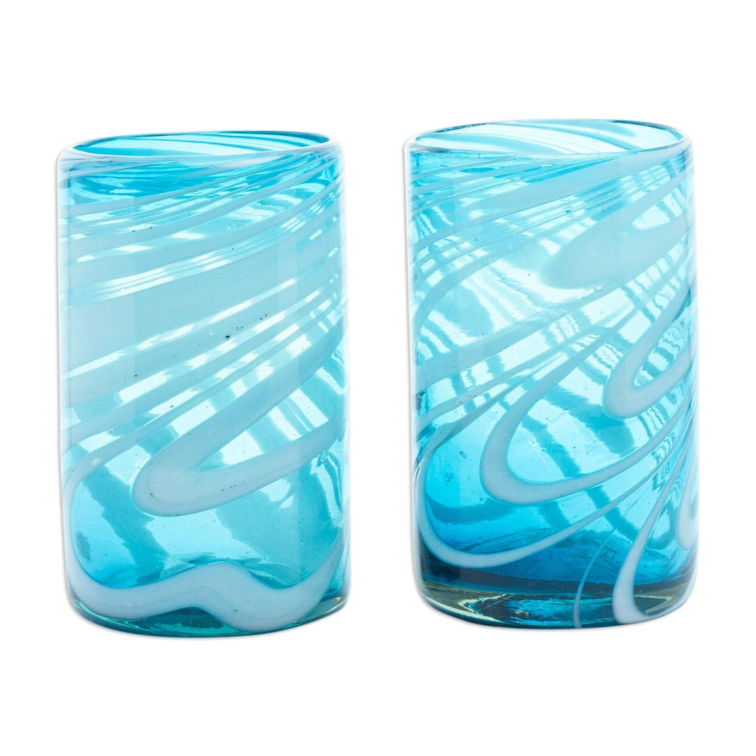 Pair of Hand Blown Recycled Glass Tumblers in Aqua - Aqua Swirls