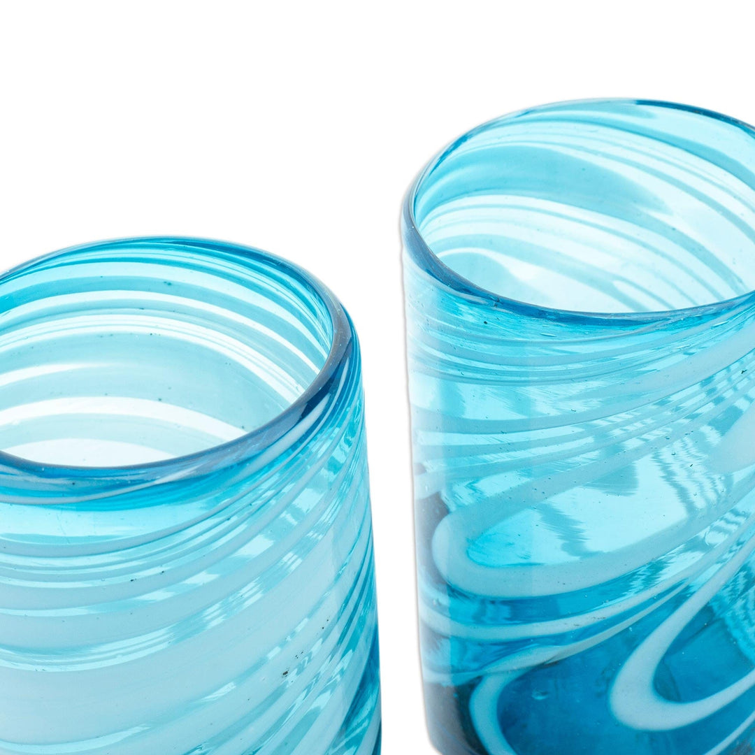 Pair of Hand Blown Recycled Glass Tumblers in Aqua - Aqua Swirls
