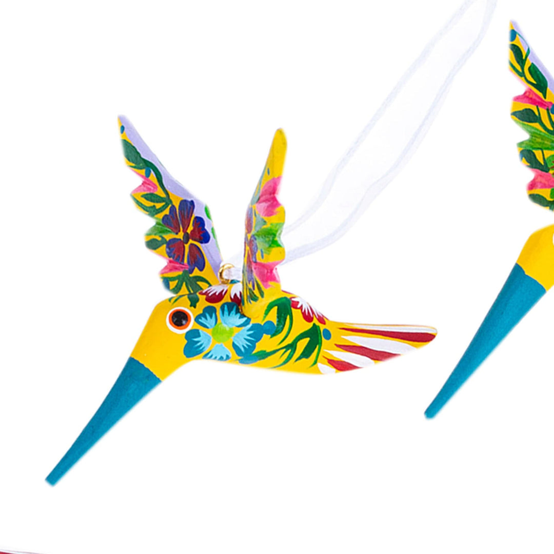 Set of 4 Handcrafted Copal Wood Bird Ornaments in Jonquil - Jonquil Flutter