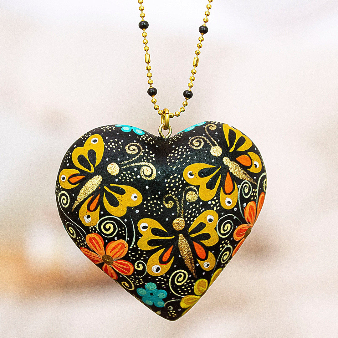 Black Wood Pendant Necklace with Butterflies - Loving Hope