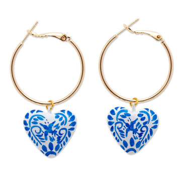 14k Gold-Plated Hoop Earrings with Blue Papier Mache Hearts - Blue Affection