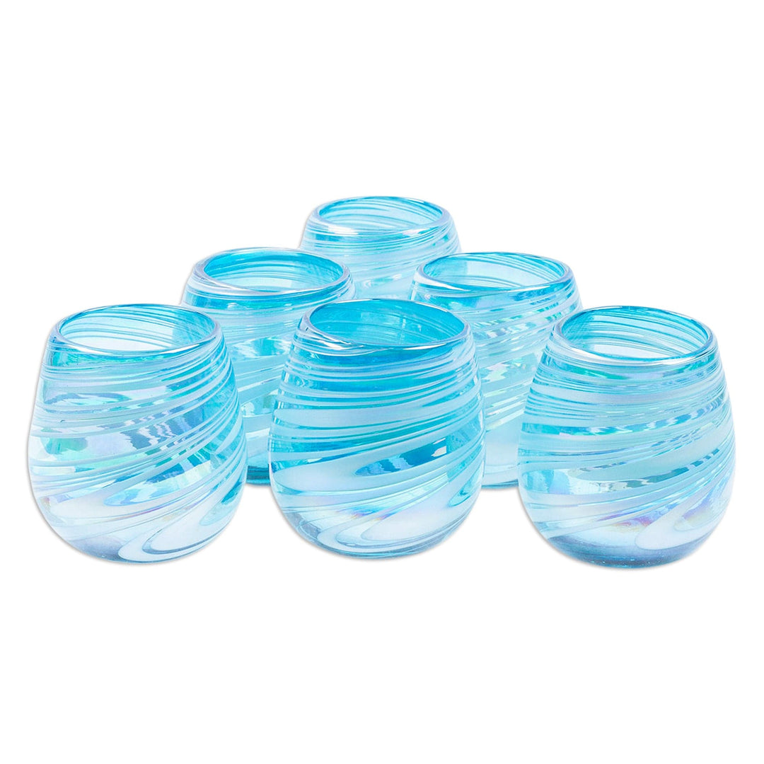 Set of 6 Turquoise and White Stemless Wine Glasses - Waves of Freshness