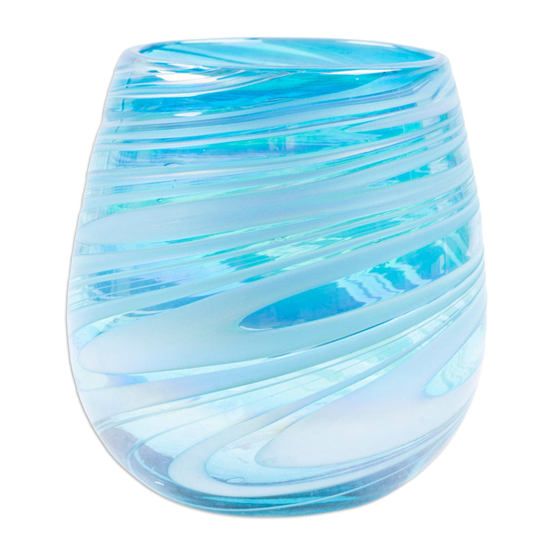 Set of 6 Turquoise and White Stemless Wine Glasses - Waves of Freshness