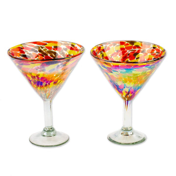 2 Multicolored Martini Glasses Handblown from Recycled Glass - Bright Confetti