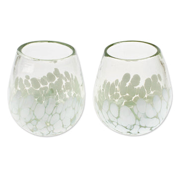 Pair of Stemless Wine Glasses Handblown from Recycled Glass - White Strokes
