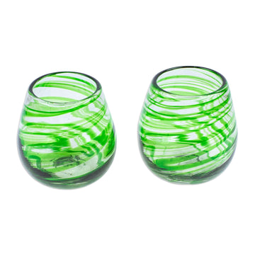 Set of 2 Green Handblown Eco-Friendly Stemless Wine Glasses - Forest Whirlpool
