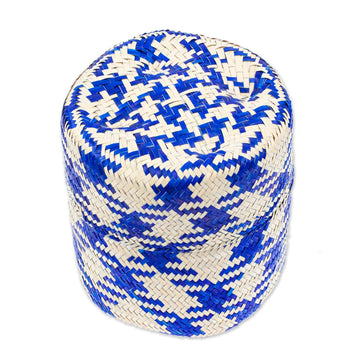 Blue Basket with Lid Hand-Woven from Palm Fiber in Mexico - Rooster in Blue