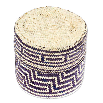 Blue Basket with Lid Hand-Woven from Palm Fiber in Mexico - Little Navy Blue Trail