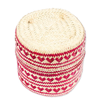 Red Hand-Woven Palm Fiber Basket with Lid from Mexico - Love Red Heart