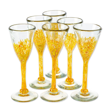 Set of 6 Handblown Recycled Glass Champagne Flutes in Yellow - Yellow Strokes