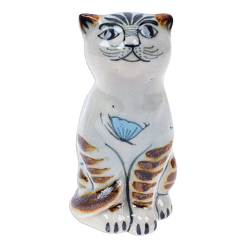 Ceramic Cat Figurine Crafted and Painted by Hand in Mexico - Traditional Cat with Dove