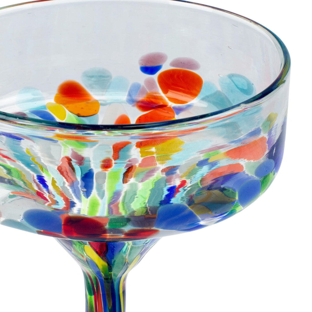 Set of 6 Multicolor Hand Blown Glass Margarita Glasses, 'Confetti Festival