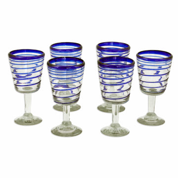 Handblown Recycled Glass Six Striped Blue Wine Glasses - Cobalt Spirals