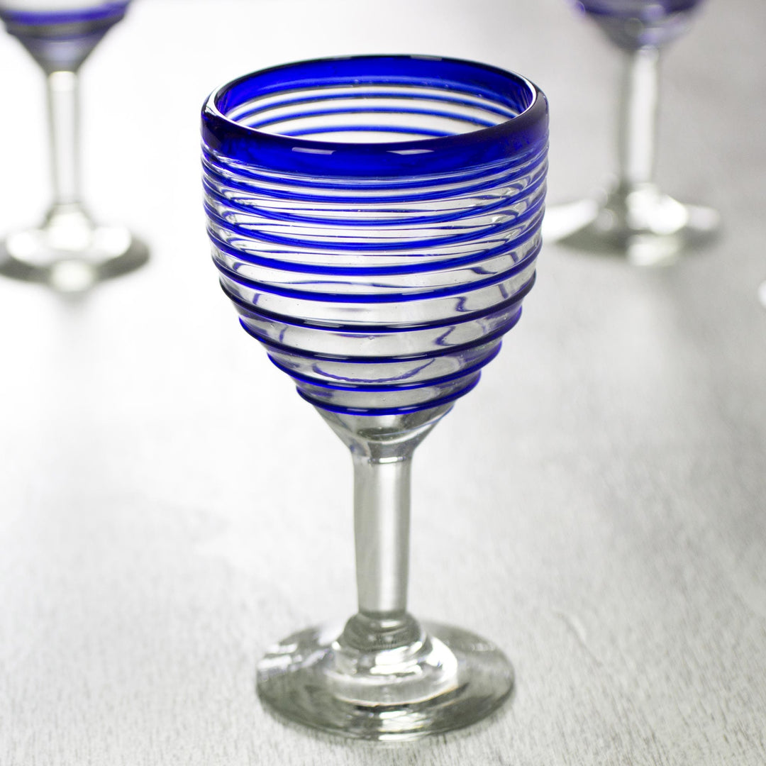 Set of 6 Hand Blown Glass Cups With Blue Lines
