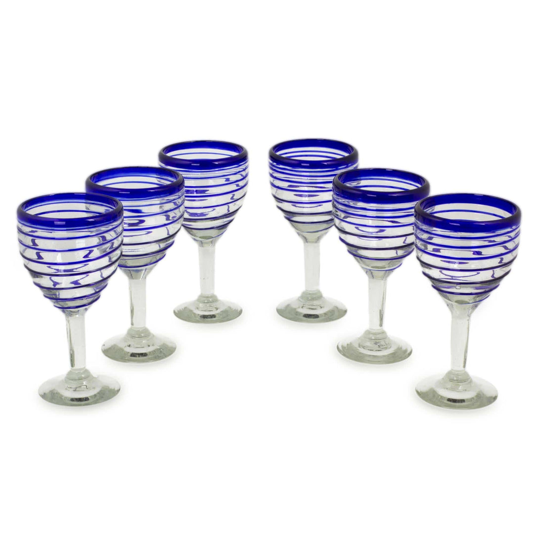 Handblown Eco-Friendly Wine Glasses in Blue (Set of 6) - Blue