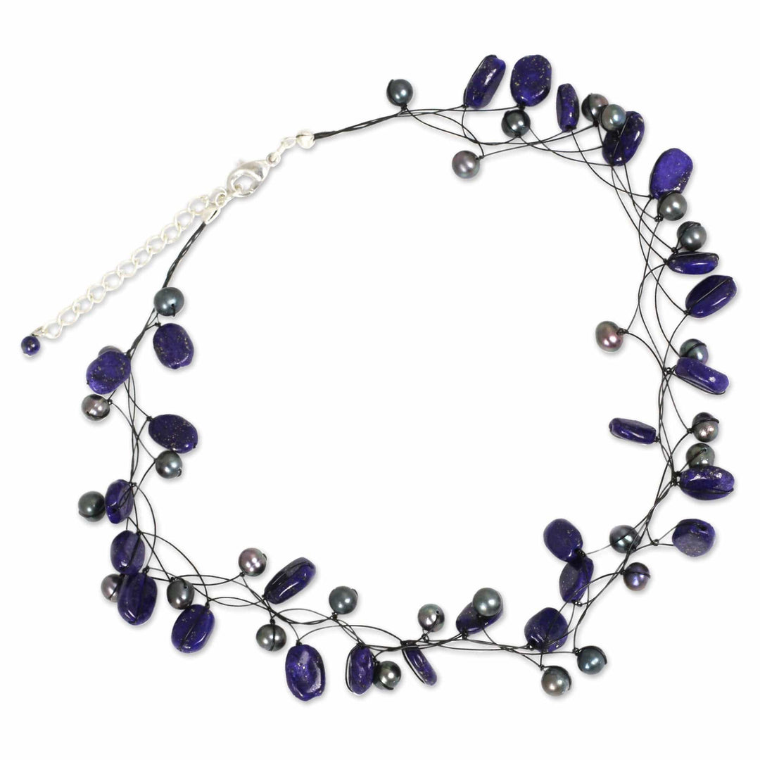 Lapis Lazuli and Cultured Pearl Necklace from Thailand - Ethereal