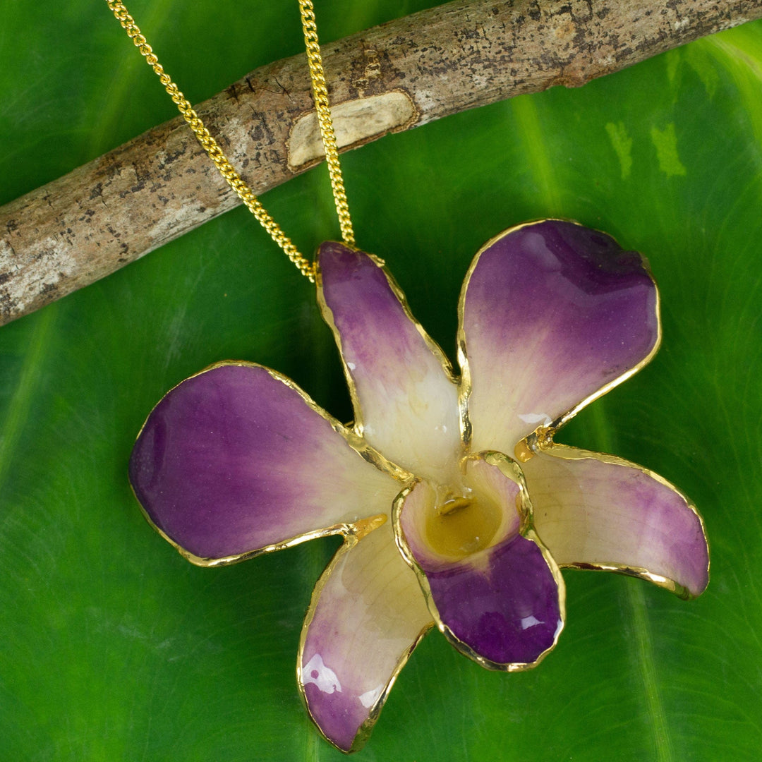 Gold Plated Natural Flower Pendant Necklace - Orchid Fantasy