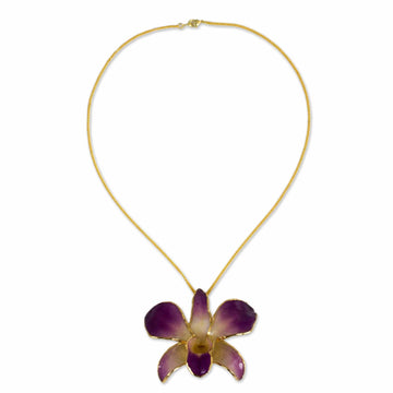 Gold Plated Natural Flower Pendant Necklace - Orchid Fantasy