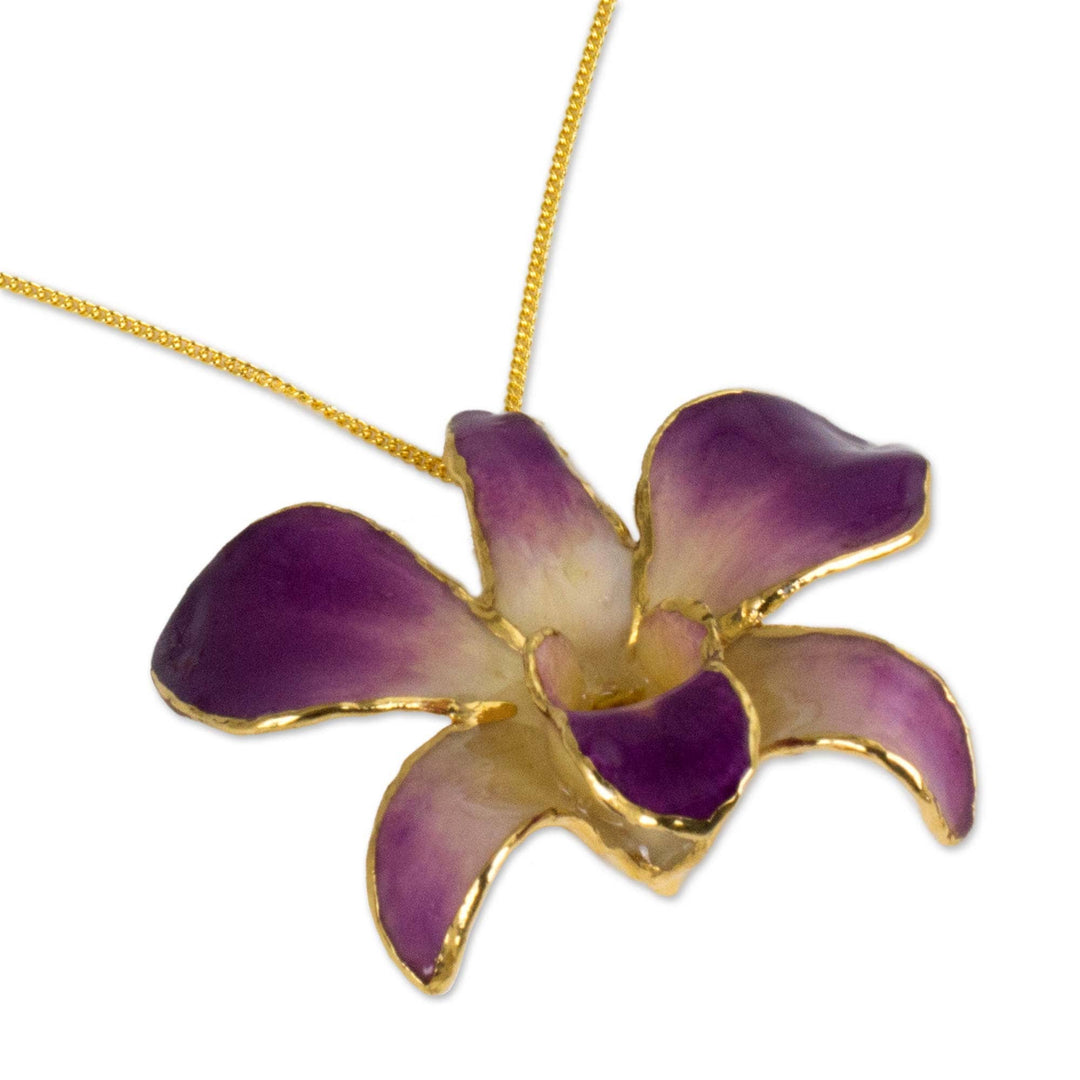 Gold Plated Natural Flower Pendant Necklace - Orchid Fantasy