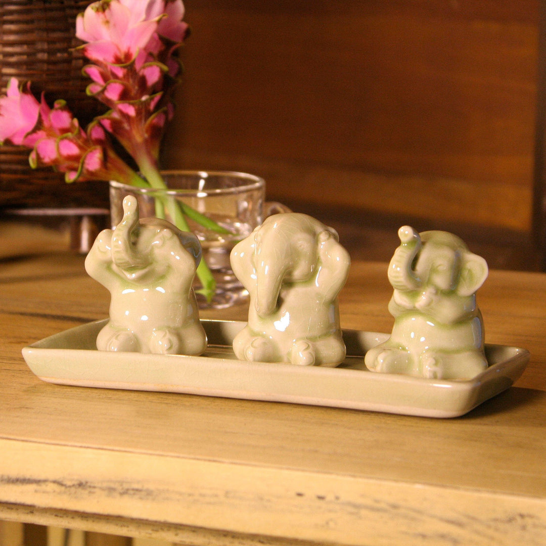 Celadon ceramic figurines (Set of 3) - Elephant Life Lessons