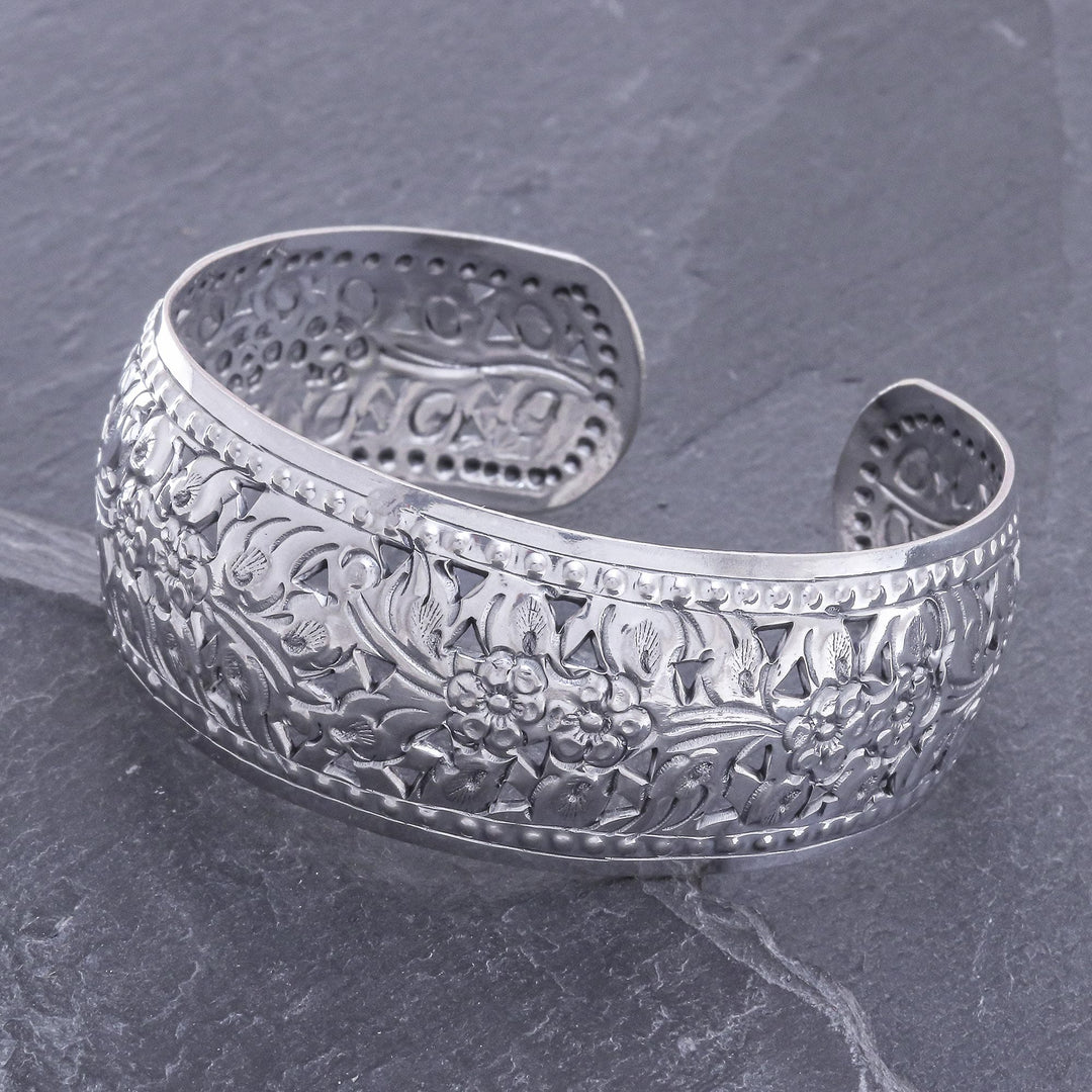 Floral Sterling Silver Cuff Bracelet - Precious Garland