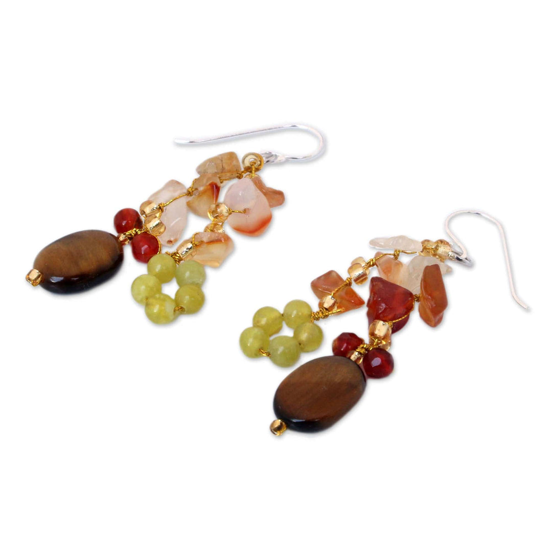 Hand Crafted Tiger's Eye and Quartz Cluster Earrings - Thai Autumn